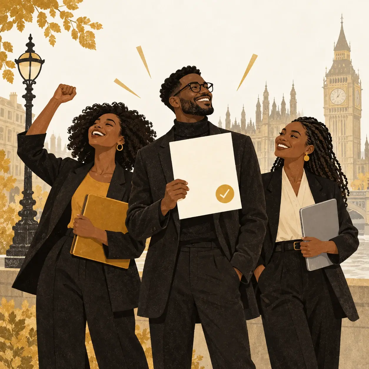 Illustration of professionals celebrating their endorsements and a new chapter in the UK